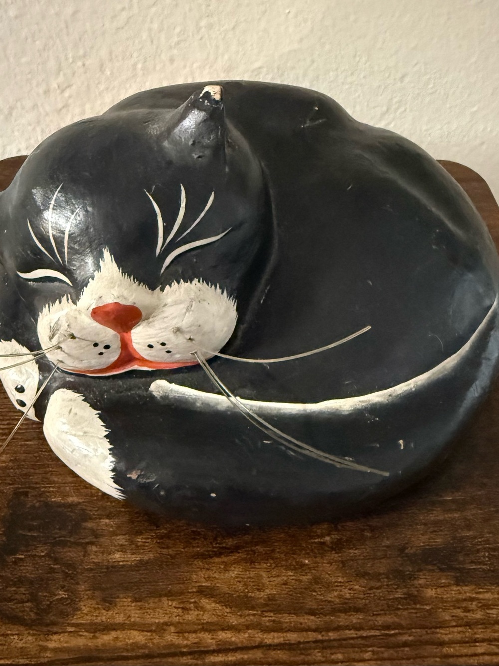 Vintage Hand-Painted Wooden Tuxedo Cat